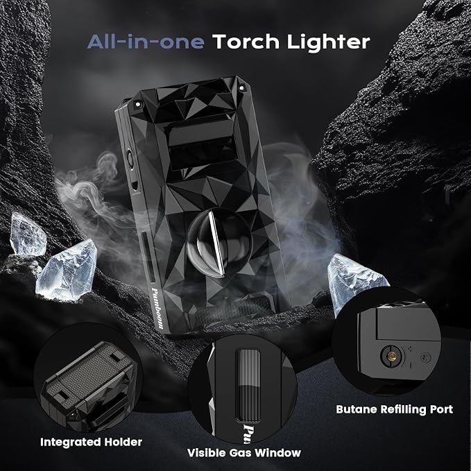 5-in-1 Windproof Lighter with Punch, Draw Enhancer, Holder, Triple Jet Flames and Tool, Butane Torch Lighter, Versatile Accessories for Travel, Candle, Lighter Gifts for Men (Without Butane)