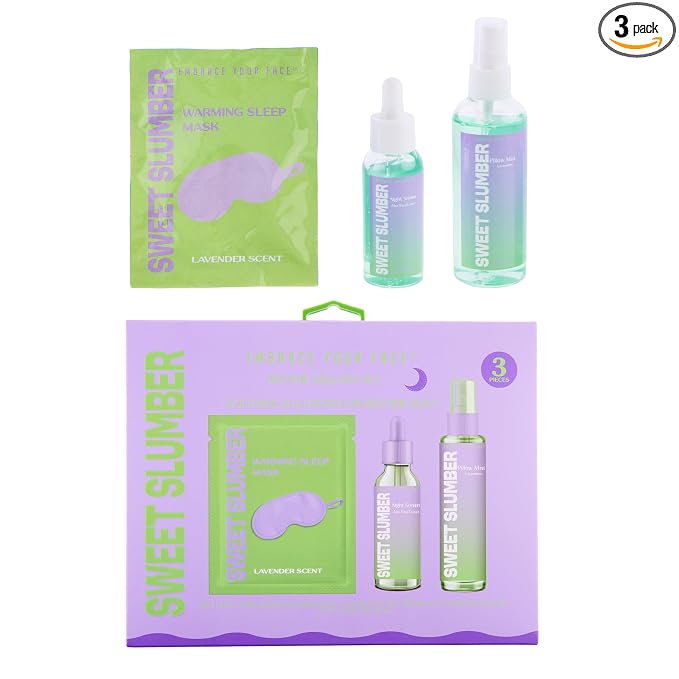 EXPRESSIONS 3pc Bedtime Wellness Set – Sweet Slumber Lavender Scented Sleep Kit – Includes Warming Sleep Mask, Night Serum, and Soothing Pillow Mis