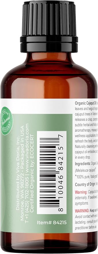 Viva Doria Cajeput Essential Oil, USDA Certified Organic Cajeput Oil, 100% Pure, Natural Essential Oil, Undiluted, for Aromatherapy | Food Grade, 30 mL (1 Fluid Ounce)