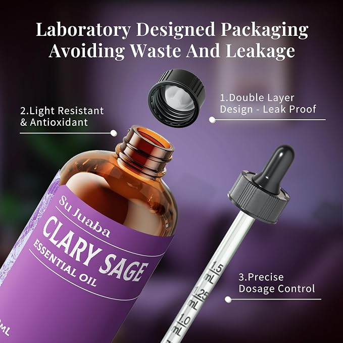 SU JUABA Clary Sage Oil Essential Oil 4 Fl Oz, for Anxiety Relief, Skin, Hair,Diffuser, Aromatherapy -118ml
