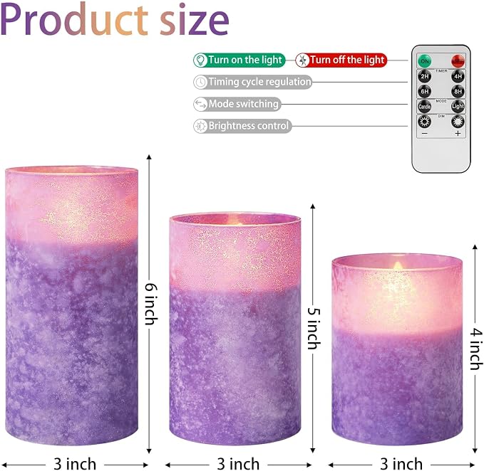 ANGELLOONG Purple LED Candles for Home Decor, Glass Flameless Candles with Remote, Set of 3 Battery Operated Pillar Candle for Fall Halloween Decoration
