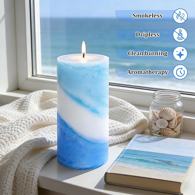 Crystal Club Ocean Scented Pillar Candle Set of 3, 70+ Hour Burning Time, 3X6 Inch Blue and White Candles, Ocean Breeze Scented Candles for Home Beach Decor