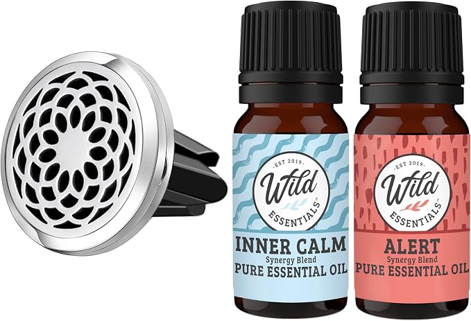 Wild Essentials Sunflower Essential Oil Car Vent Diffuser Kit – 316L Stainless Steel Locket, Rubber-Coated 4-Way Clip, 8 Color Pads (22mm), 25mm – Includes Alert & Inner Calm (2 x 10ml)