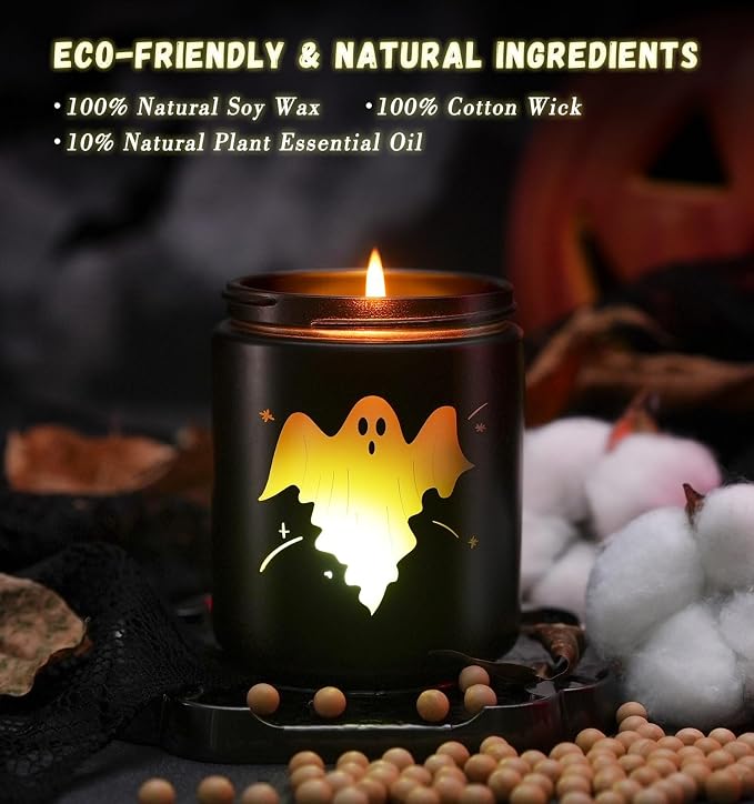 Halloween Decor Indoor-Halloween Gifts Candles for Women with LED Ghost, Ghost Candle with Mint & Musk Scent Over 40 Hours of Burn Time, Gift for Holiday, Home Fall Decorations Indoor, 100% Soy Wax