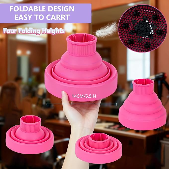 Universal Silicone Hair Dryer Diffuser Attachment, Collapsible & Portable Blow Hair Diffuser for Curly/Wavy Hair Travel Use, Lightweight Folding Fits 1.57-1.99" Nozzles for Salon Home (Rose Red)