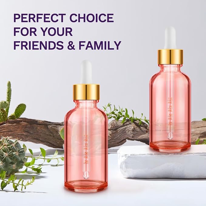Bumobum 2 oz Glass Dropper Bottles, 2 pack Pink Lab dispensing Bottles for Essential Oils with Funnel, Labels & Pipette, Eye Tincture Bottle with Measured Dropper