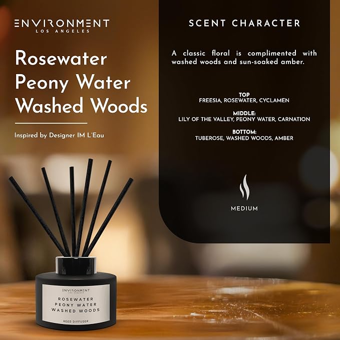 ENVIRONMENT Inspired by Designer Perfume IM L'Eau Reed Diffuser, 200ml Luxury Scented Aromatherapy (Rosewater | Peony Water | Washed Woods) Diffusers for Home, Diffusing Oil, Home Fragrance Product