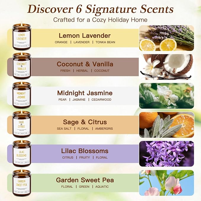 Candles for Home Scented - Soy Candles Non Toxic, 6 Pack Candle Gift Set, Long Lasting Scented Candles with Lavender, Lemon, Vanilla, Coconut, Jasmine, Sage -Floral & Fruity Scents