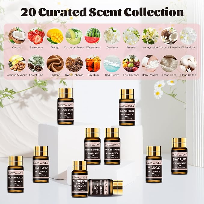 MAYJAM Fragrance Oil Gift Set, Top 20 Essential Oils Variety Pack for Diffusers for Home, Long Lasting Scented Oils for Soap Candle Making - 5ml/0.17fl.oz