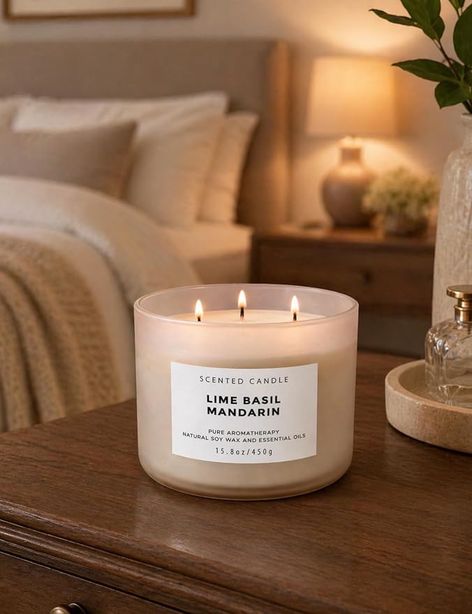 Lime Basil Mandarin 3-Wick Soy Candle | 15.8 oz Large Scented Candle for Home | Clean Burn Long Lasting | Fresh Herbal Citrus Scent | Gift Ready