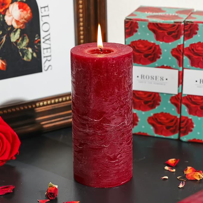 Romantic Rose Scented Pillar Candle - 2.8x6 Inch, 75-Hour Burn, Textured Red Rose Scented Candle for Women, Natural Aromatherapy Candle for Home, Gifts for Women, Valentine's & Romantic Decor