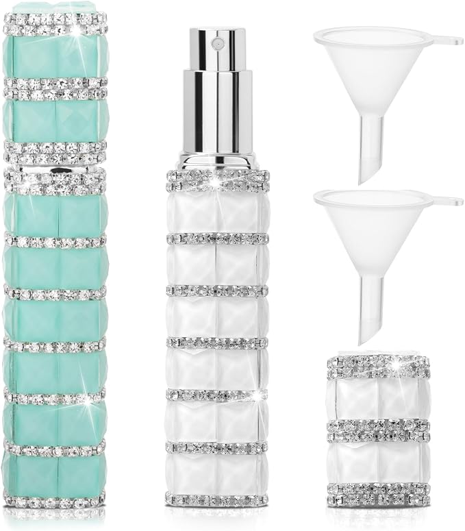 Travel Perfume Atomizer Refillable Bottle, 12ml Rhinestone Mini Perfume Bottles Empty Refillable Travel Atomizer Sprayer with Funnel (2Pcs-Mint Green+White)