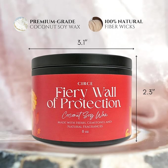 Circe Spell Candle “Fiery Wall of Protection” Coconut Soy Wax Candle Jar– Premium Hand Poured & Long Burning– Herbs, Crystal & Natural Fragrance Oils- Repel Negativity & Shield Aura - Gift - 8oz