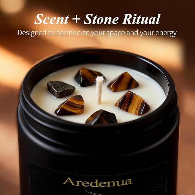 Crystal Candle with Tiger Eye Healing Crystals, Citrus Aromatherapy Candle for Confidence, Natural Soy Wax Scented Candle with Real Gemstone, 7oz Long Burning, Motivational Chakra Gift