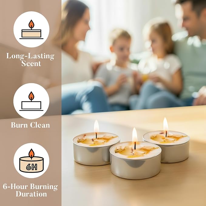 48 Pack Jasmine Scented Tealight Candles with Real Petals, Natural Soy Wax 6H Burn Time, Non-Toxic Smokeless Scented for Bath, Wedding, Decor