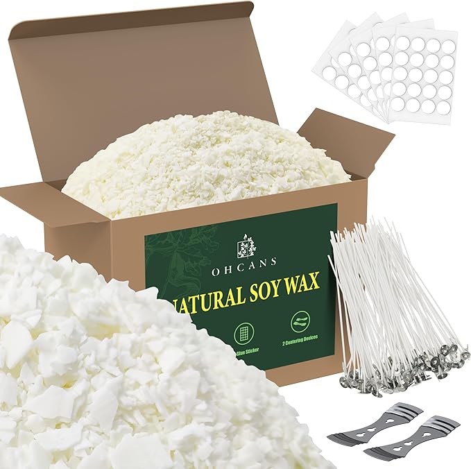 Ohcans Candle Wax 10lbs Natural Soy Wax for Candle Making 100 Cotton Candle Wicks 100 Wick Stickers & 2 Wicks Holder, Candle Making Wax Candle Making Supplies