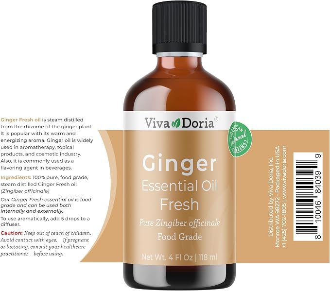 Viva Doria Ginger Essential Oil, 100% Pure Natural, Fresh Ginger Essential Oil, Undiluted, for Aromatherapy | Food Grade, 118 mL (4 Fluid Ounce)