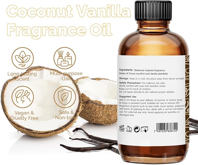 GM Gumili Coconut Vanilla Fragrance Oil 2 Oz, Natural Scent Oil for Home Essential Oils Diffuser, Candle Making, Soap Making, DIY Body Oils, Perfume, Body Mist, Spray