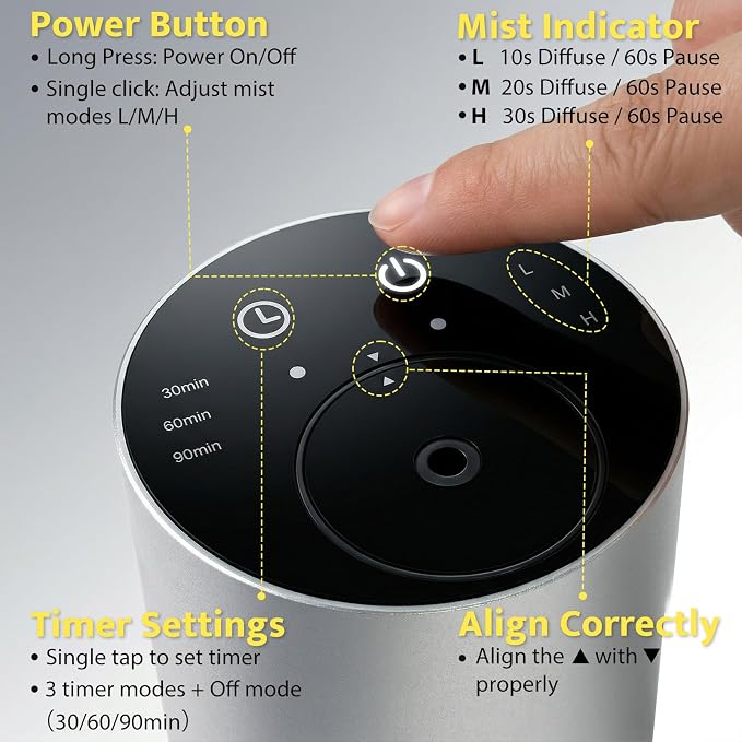 Homease Waterless Essential Oil Diffuser, Portable Cordless Aromatherapy with 3 Timers & Mist Levels, Rechargeable for Home Car Office, Premium Metal Silver