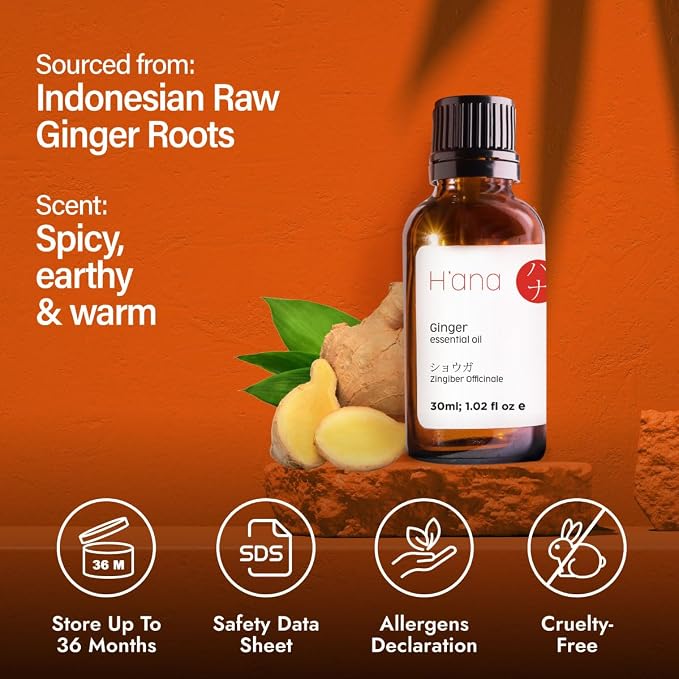 H'ana Ginger Oil - 1.02 Fl Oz Ginger Essential Oil for Hair, Skin, Diffuser, Aromatherapy & DIY