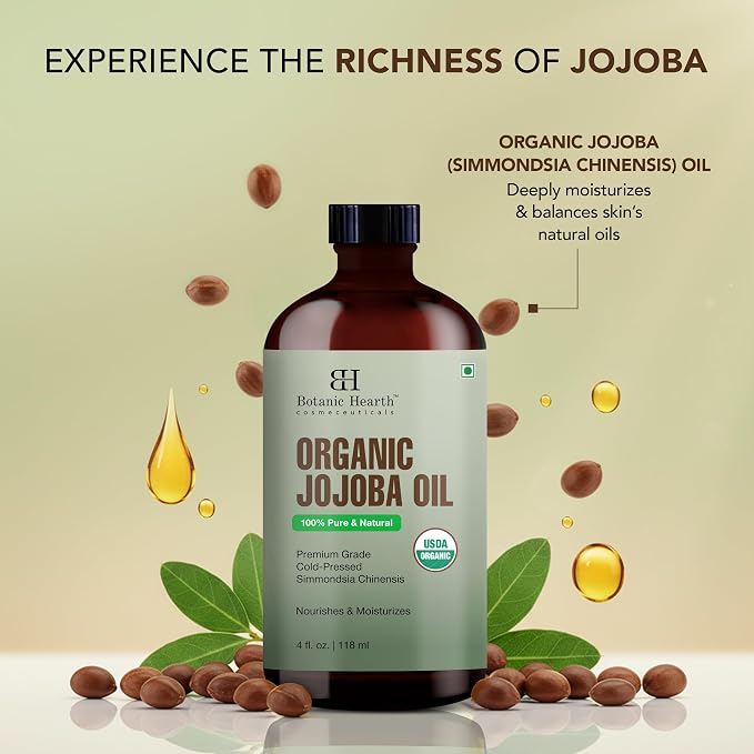 Botanic Hearth USDA Organic Jojoba Oil 4 Fl Oz |100% Pure and Natural- Cold Pressed & Hexane Free Natural Hair Growth Oil for Eyelashes, Eyebrows, Skin, Body, Face, Nails & Scalp