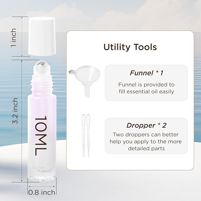 SESENSE Essential Oil Roller Bottles, 10ml Thick Glass Perfume Roller Bottles with Funnel Opener and Dropper Colored Glass Empty Bottles with Stainless Steel Roller Balls (White, 4 Pack)