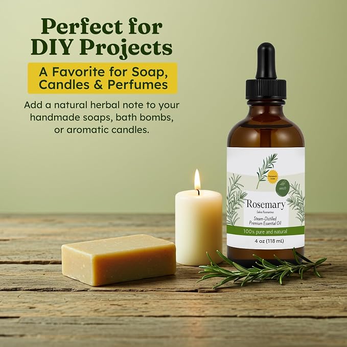 Steam Distilled Rosemary Essential Oil - Premium Hair Growth Oil for Scalp Stimulation & Refreshing Aroma - Essential Oil Supports Healthy Hair, Skin & Mental Clarity - 4oz