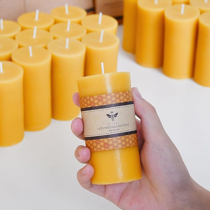 DEYBBY 2 x 4 inch Natural Beeswax Pillar Candles Set of 8, Smokeless Dripless Pure Beeswax Candle Bulk with Natural Scent for for Home Decor Blackout Housewarming Party Event, Long Burn, Yellow