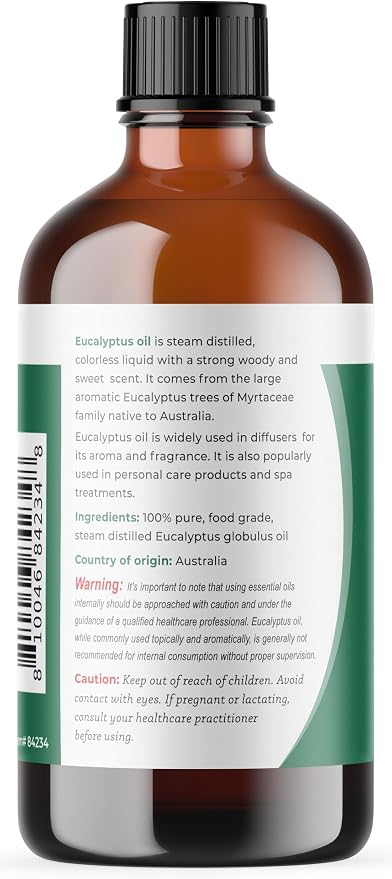 Viva Doria Eucalyptus Essential Oil, Food Grade, 118 ml (4 Fl Oz) | 100% Pure & Natural Eucalyptus Globulus, Australian Type | Aromatherapy Oil for Diffuser, Steam, and Massage