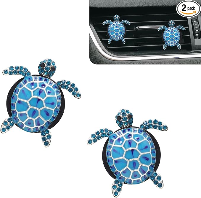 ORIESSE Sea Turtles Car Decor,Cute Blue Silver Beach Themed Air Freshener Vent Clips,2pcs Glamorous Turtle Coastal Car Accessories Interior Decoration for Women,Refillable Diffuser