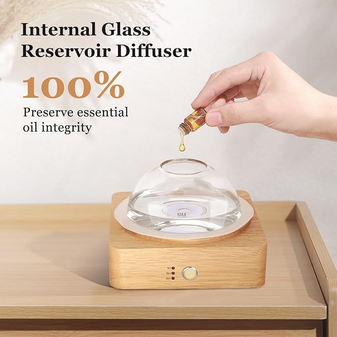 Lecdura Glass Essential Oil Diffuser with Glass Reservoir & WoodBase, 200ml Ultrasonic Lock Color Timer Auto-Off 7 Color Light Aroma Glass Dome Diffuser for Home Office Bedroom Yoga