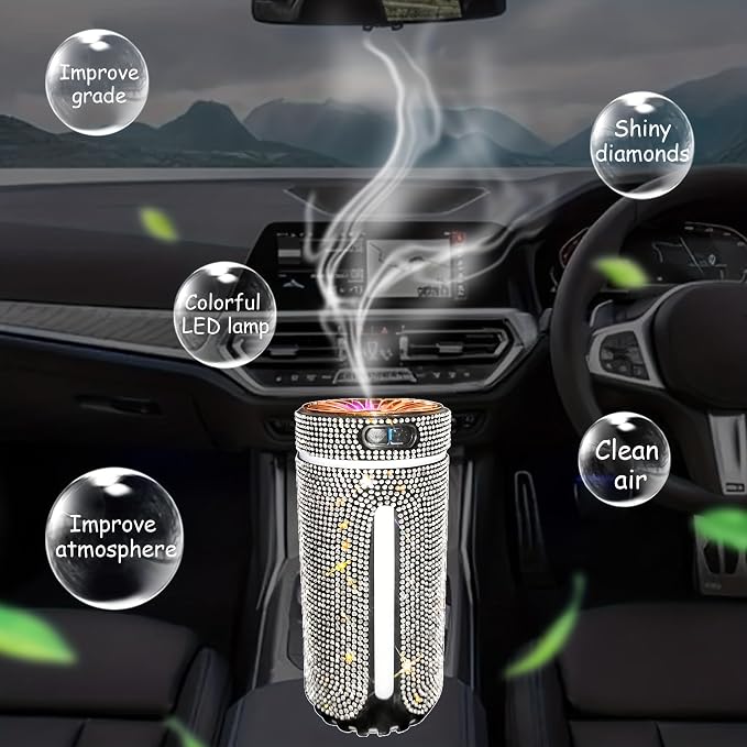 Bling Rhinestone Car Diffuser Humidifier USB Car Essential Oil Car Diffuser Humidifier Aromatherapy Portable Mini Humidifier for Car, Office, Room (Pink)