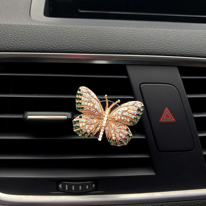 Bling Butterfly Car Air Vent Clip, Cute Rhinestone Air Freshener Clip, Glam SUV Outlet Vent Decorations, Charm Car Inter Decor Accessories for Girls Women (Red + Green)