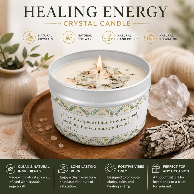 White Sage Candle, Sage Leaf, Himalayan Crystal Salt & Essential Oil, Healing Energy, Crystal Candle