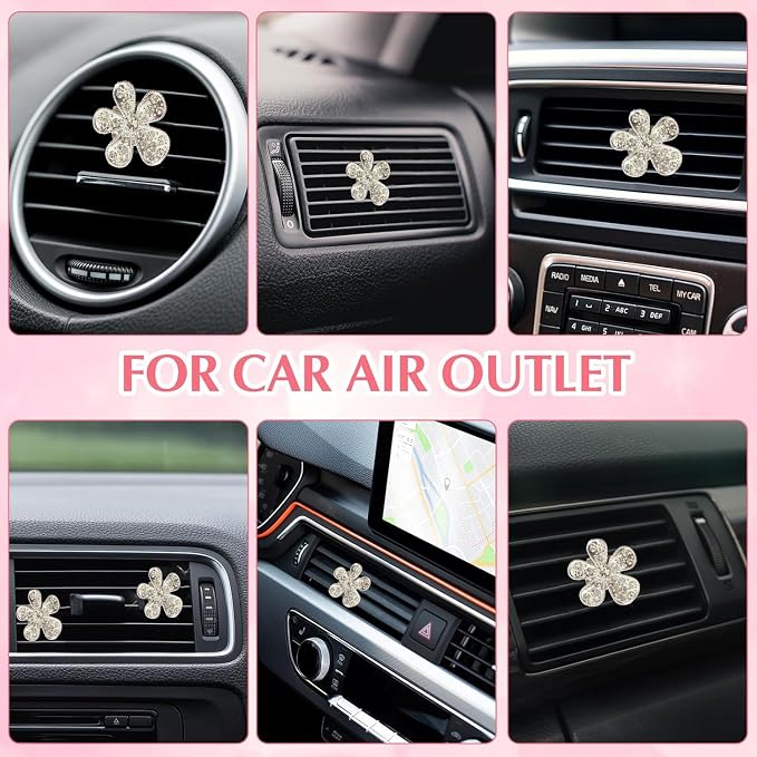 Daisy Air Vent Clips, 3 Pcs Cute Flower Crystal Rhinestone Car Air Conditioning Outlet Clip Vehicle Air Freshener Clip Charm Car Inter Decor Accessories for Women (Silver, 1.6inch)