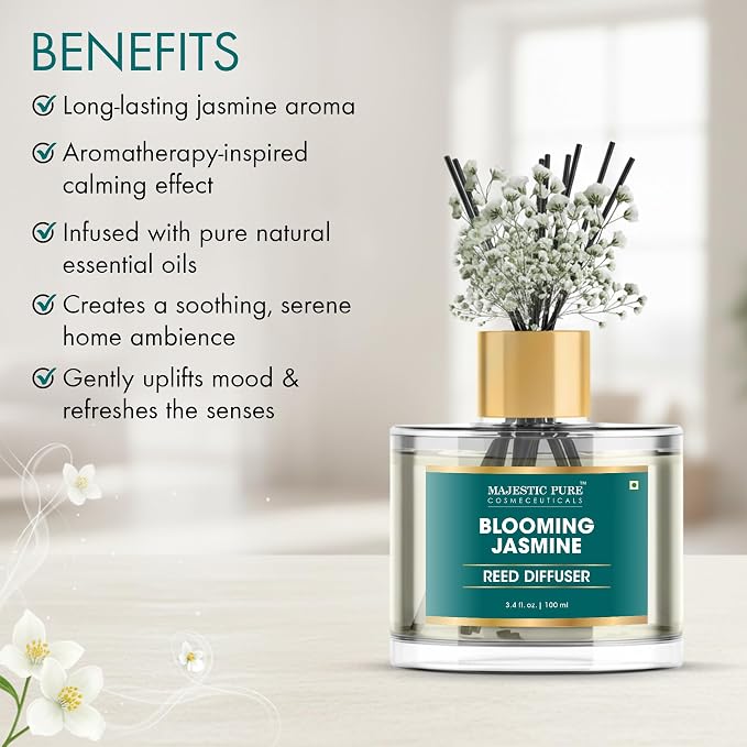 Majestic Pure Blooming Jasmine Reed Diffuser for Home, Bathroom & Office | Natural Aromatherapy Air Freshener & Room Fragrance, with Reed Sticks & Dried Flowers 3.4 fl oz
