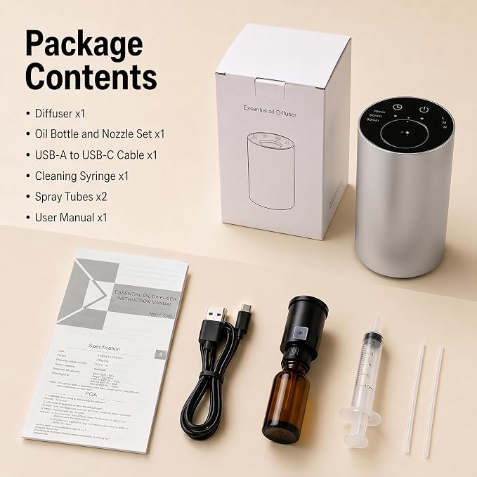 Homease Waterless Essential Oil Diffuser, Portable Cordless Aromatherapy with 3 Timers & Mist Levels, Rechargeable for Home Car Office, Premium Metal Silver