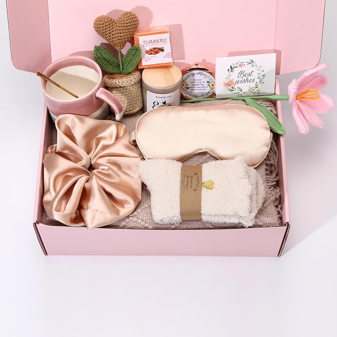 Christmas & Birthday Gifts for Women, Self Care Gift Basket Get Well Soon Care Package - Luxury Spa Set with Knitted Blanket, Fuzzy Socks, Mug, Candle, Scrunchie for Her, Mom, Best Friend