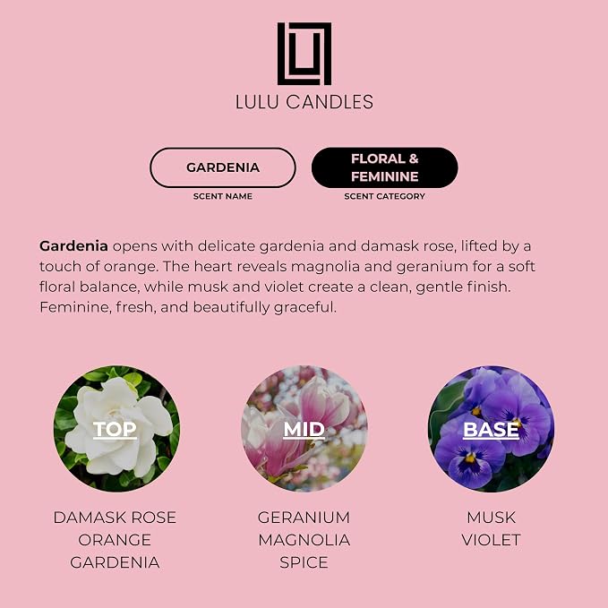 Lulu Candles | Gardenia | Luxury Scented Soy Jar Candle | Hand Poured in The USA | Highly Scented & Long Lasting- 9 Oz.