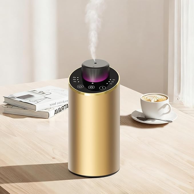 Waterless Essential Oil Diffuser Aromatherapy Scent Diffusers for Home Large Room, Bedroom, Car, Office, Desk, Battery Operated Mini Portable Air Freshener, 3 Countdown Timers & 3 Mist Levels, Gold