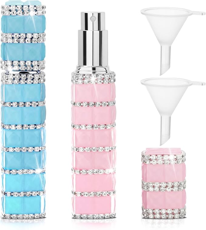 Travel Perfume Atomizer Refillable Bottle, 12ml Rhinestone Mini Perfume Bottles Empty Refillable Travel Atomizer Sprayer with Funnel (2Pcs-Blue+Pink)