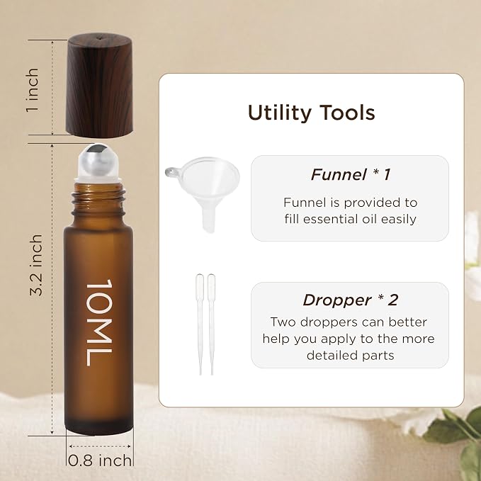 SESENSE Essential Oil Roller Bottles, 10ml Thick Glass Perfume Roller Bottles with Funnel Opener and Dropper Amber Glass Empty Bottles with Stainless Steel Roller Balls (Amber, 12 Pack)