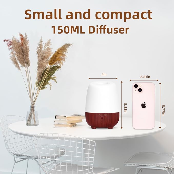 SEEDSEEL 150ML Cordless Essential Oil Diffuser, Rechargeable Battery-Operated Quiet Aromatherapy Diffuser with 7-Hour Runtime,2 Timer Settings & 7-Color LED Light for Bathroom,Bedroom,Living,Room
