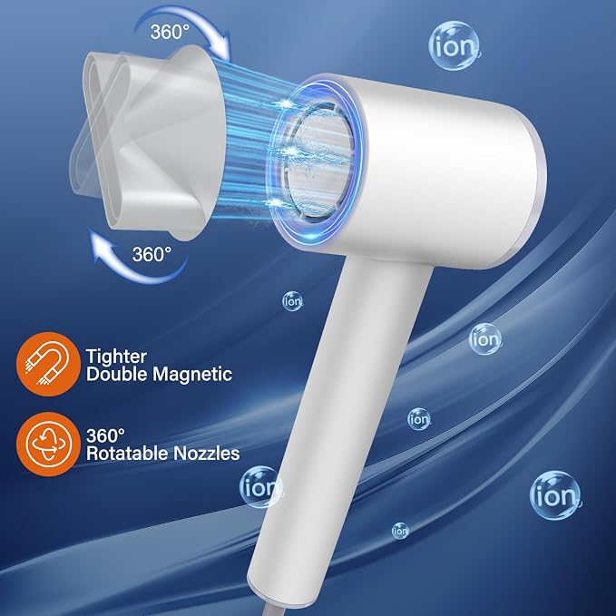 1600W Ionic Hair Dryer With LED Display & Magnetic Nozzle, Portable for Women, Travel, Salon, Home, Cream White, HC03