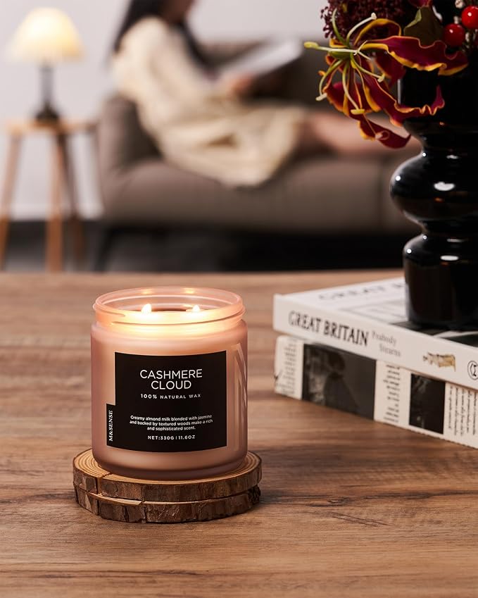 M&SENSE Cashmere Vanilla Scented Candle, 11.6oz Non Toxic Soy Wax 70 Hours Clean Burn Candle, 2 Wick Aromatherapy Gifts for Relaxing Stree Relief, Cozy Winter Home Decor