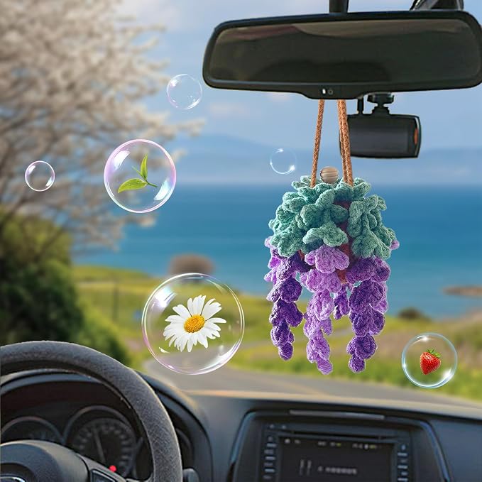 Crochet Car Air Freshener, Empty Refillable Oil Diffuser Bottle with Hanging Crochet Plant for Car Rearview Mirror Decor, Handmade Home and Office Decor (Violet)
