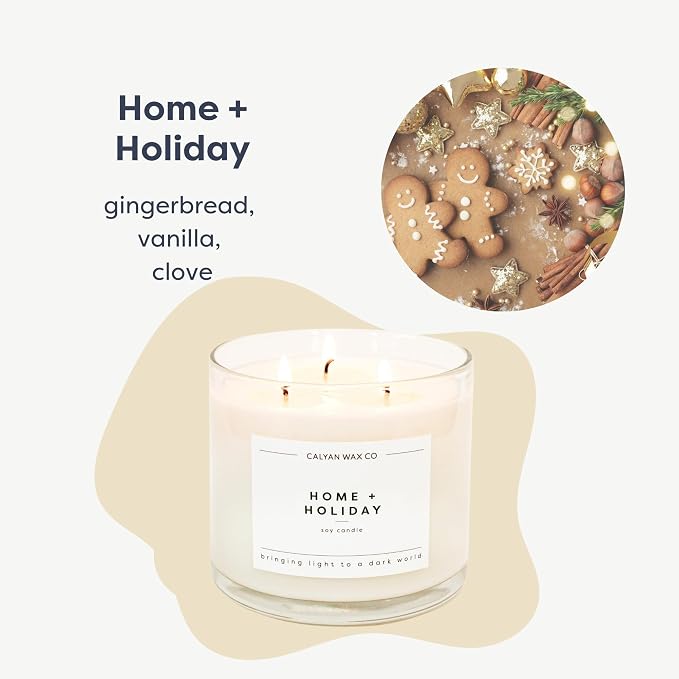 Calyan Wax Co. Home & Holiday 3 Wick Scented Candle - 43 Hour Burn - Luxury 3 Wick Soy Candles - Clean Soy Wax Candles - Long Lasting Large Glass Jar Candle for Home - 14.9oz