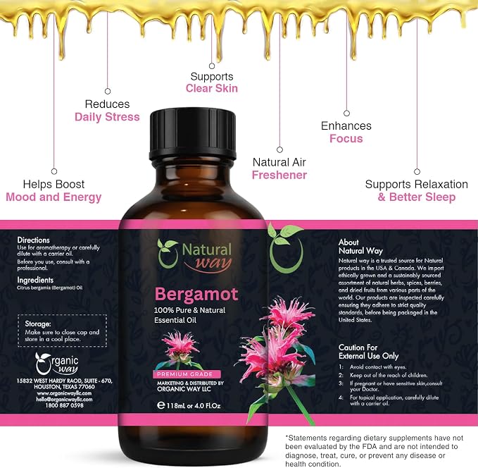 Bergamot Essential Oil for Diffusers | Natural Aroma Oil for Home Fragrance, Humidifier & DIY Candle Making, Long Lasting Scent for Office, Bedroom & Soothing Scent 4 Fl Oz (120 mL)