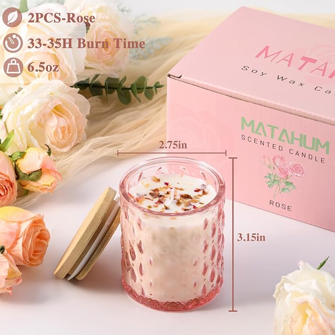 MATAHUM 2 Pack Rose Scented Candles for Home Decor, 6.5oz Natural Soy Wax Aromatherapy Jar Candles, Pink Rose Candles for Home Scented Relaxing, Valentine Birthday Housewarming Giftable for Women Girl