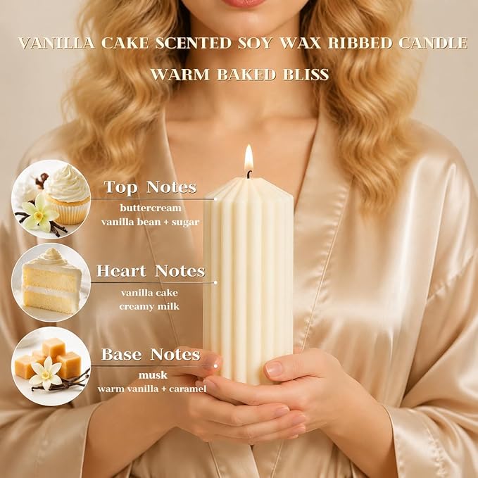 3 Pcs White Ribbed Pillar Candles-Vanilla Cake Scented,Natural Soy Wax,Non Toxic,Smokeless-2.8" x4,6,8in Modern Aesthetic Aromatherapy Candles for Home,Dinner Table,Living Room,Housewarming Gift